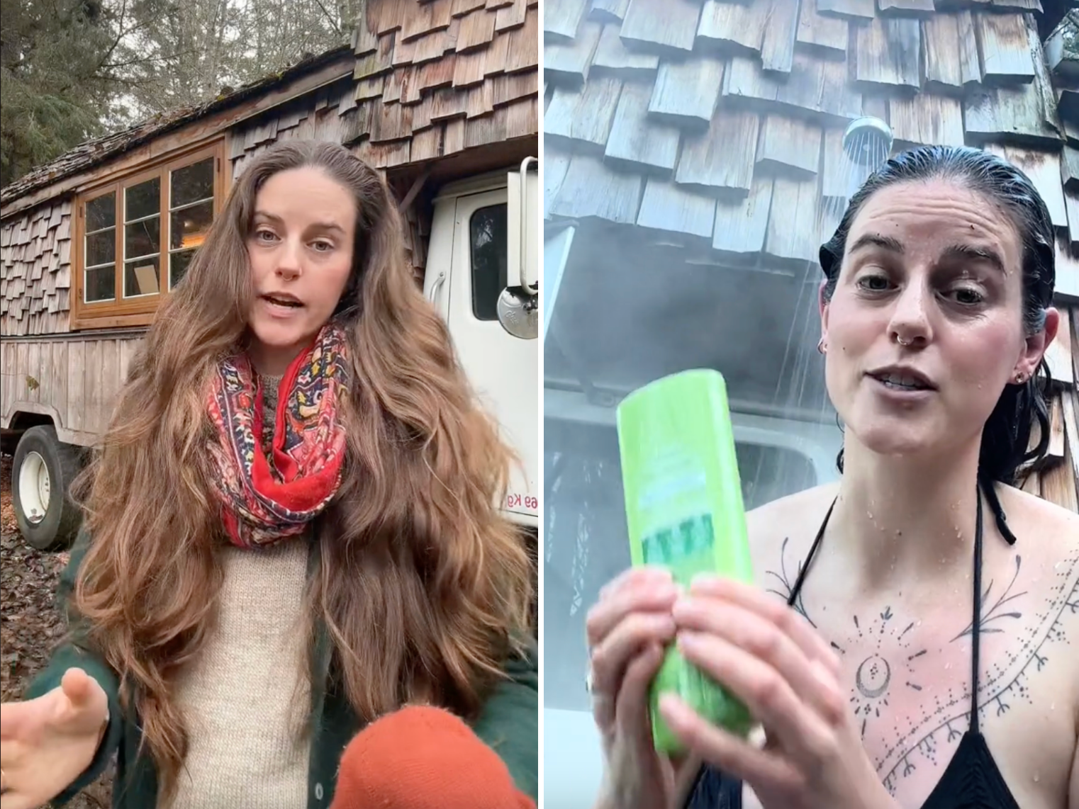 A woman who lives in a ‘housetruck’ in the woods showed how she washes her hair in the freezing cold — and responded to critics about not using eco-friendly products